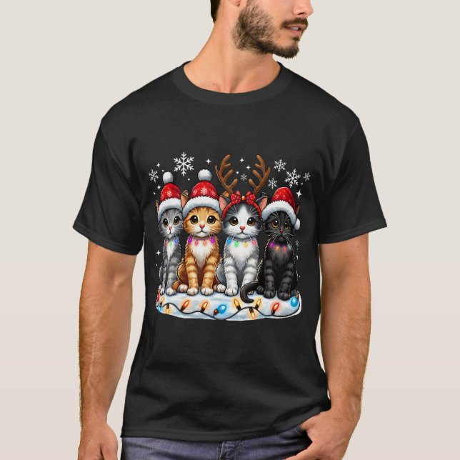 T-shirt Père Noël Noël Amoureux des chats Chat Noël Lumièr (Devant)