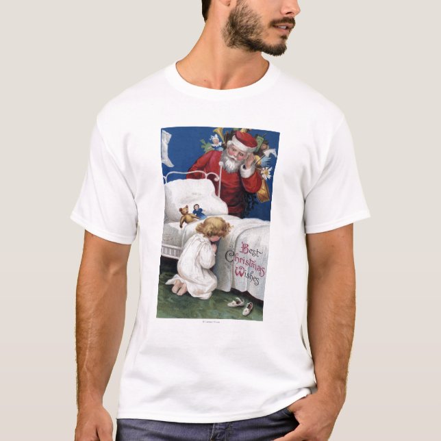 T-shirt Père Noël observant la prière de fille (Devant)