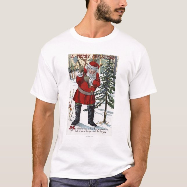 T-shirt Père Noël réduisant l'arbre de Noël (Devant)