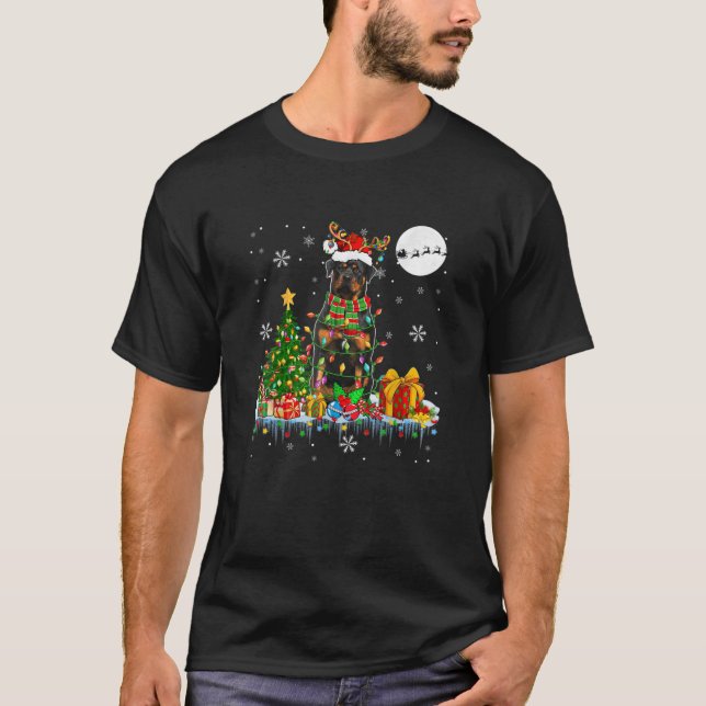 T-shirt Père Noël Reindeer Rottweiler Les lumières des arb (Devant)