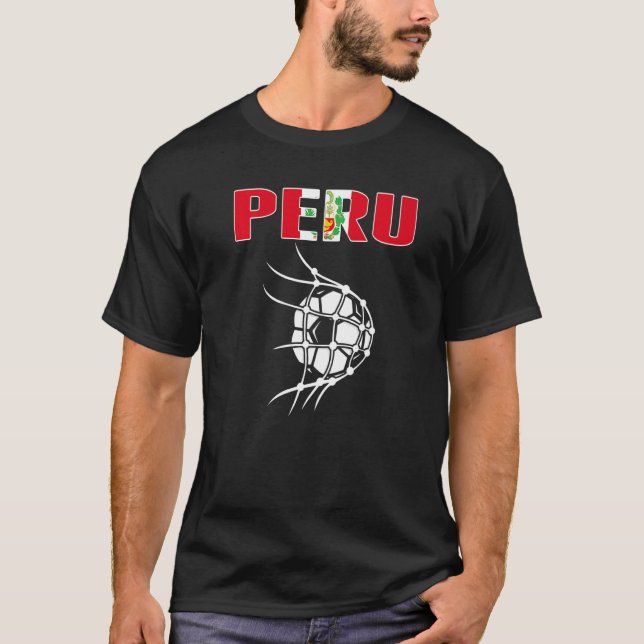T-shirt Pérou balle de soccer dans le but net soutien pied (Devant)