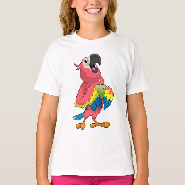 T-shirt Perroquet et noix de coco avec paille à boire (Devant)