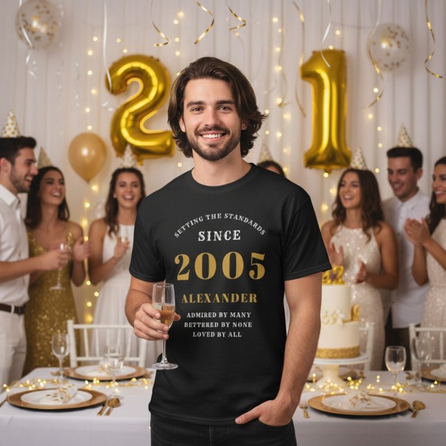 T-shirt Personalized 21st Birthday 2005 Name Black Gold (2005 black birthday t-shirt. Party background.)