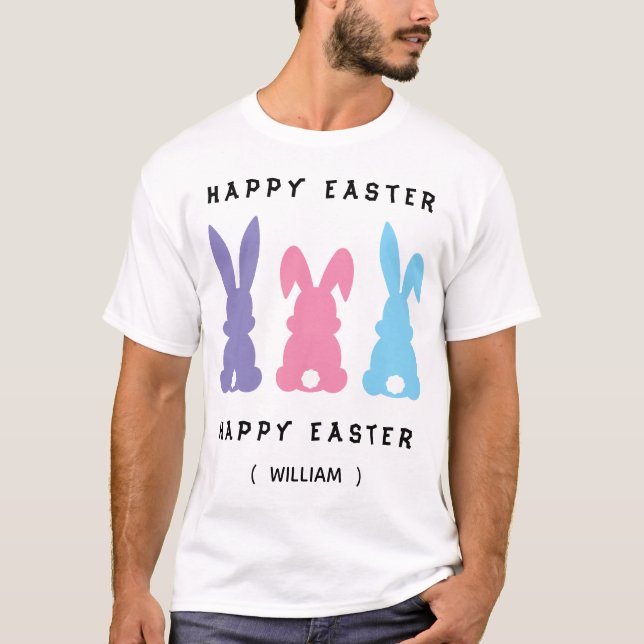 T-shirt Personalized Colorful Happy Easter Bunnies (Devant)