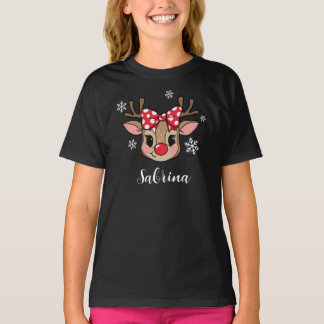 T-shirt Personalized Cute Girl Reindeer Red Bow Christmas