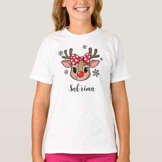 T-shirt Personalized Cute Girl Reindeer Red Bow Christmas