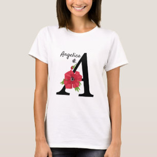 T-shirt Personalized monogram editable A text red flower f