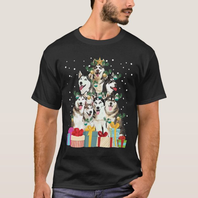 T-shirt Petit arbre de Noël de Chien Husky Sibérien (Devant)