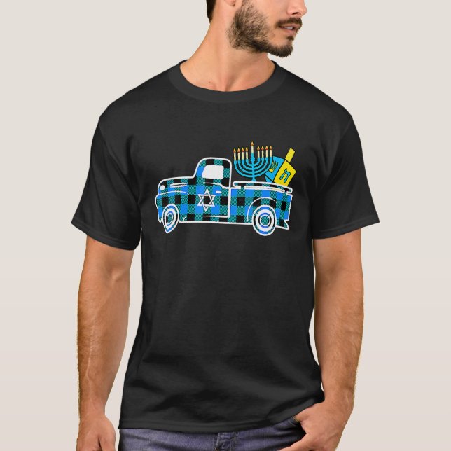 T-shirt Petit Camion bleu Buffalo Plaid Hanoukka Menorah D (Devant)
