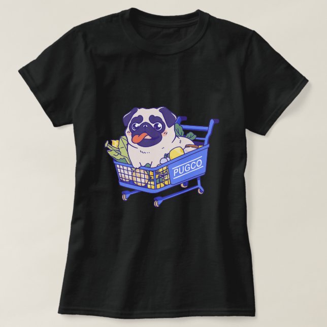T-shirt Petit chien Carlin dans le panier d'épicerie (Design devant)
