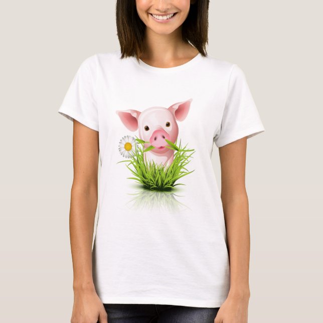 T-shirt Petit cochon rose dans l'herbe (Devant)