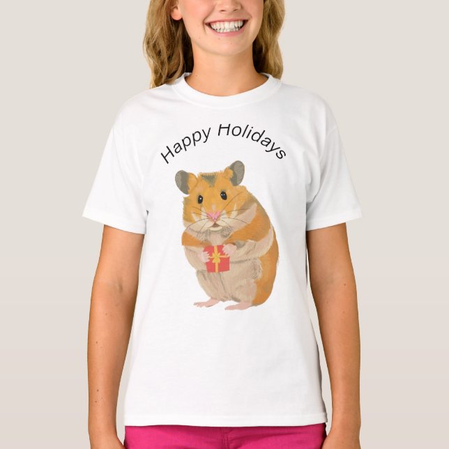 T-shirt Petit hamster de Noël tenant un cadeau (Devant)
