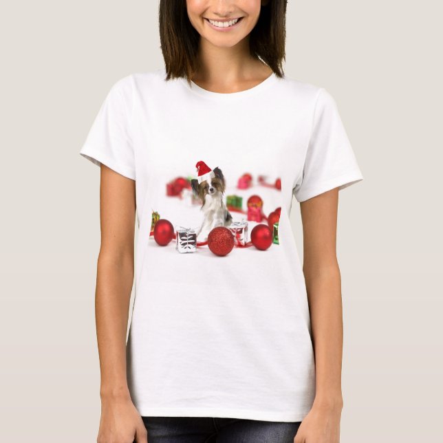 T-shirt Petit Papillon Chien Noël Santa Hat (Devant)