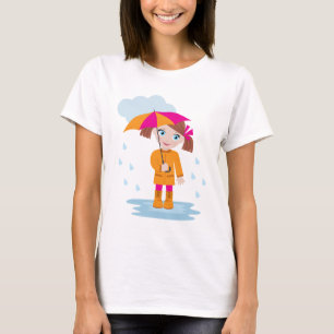 T-shirt Petite Fille en Manteau Orange avec Parapluie Rose