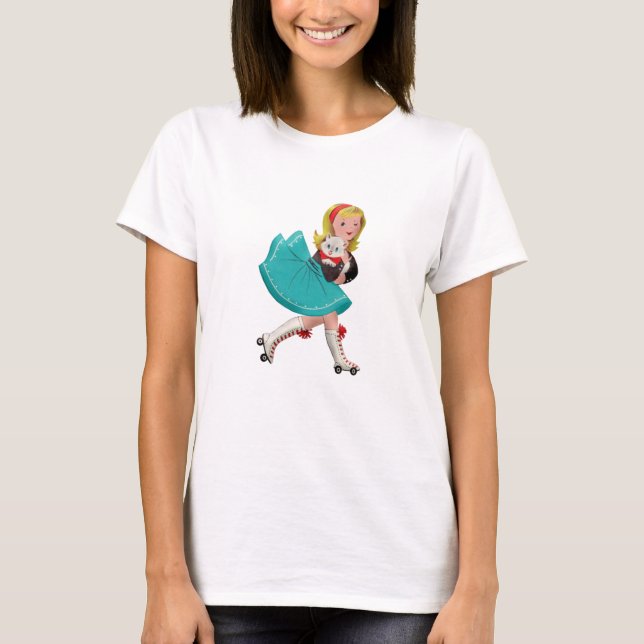 T-shirt Petite fille rétro sur roulettes (Devant)