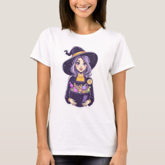 T-shirt Petite sorcière douce avec bol à bonbons magique