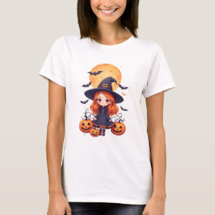 T-shirt Petite sorcière mignonne avec citrouilles et chauv