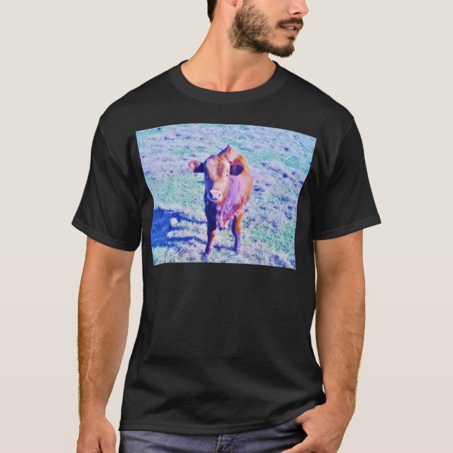 T-shirt Petite vache pourpre en gazon turquoise pastel (Devant)