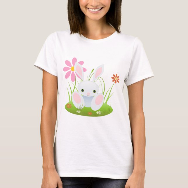 T-shirt Peu de lapin bleu avec des fleurs (Devant)