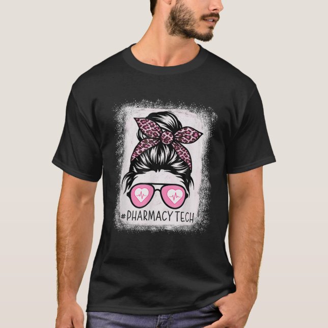 T-shirt Pharmacie Tech Vie Bleached Pink Leopard Messy Bun (Devant)