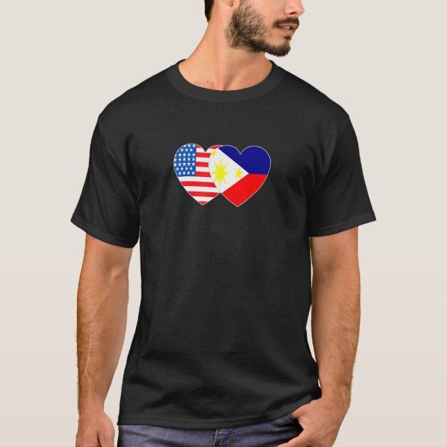 T-shirt Philippines et États-Unis Drapeau Double Coeur pou (Devant)