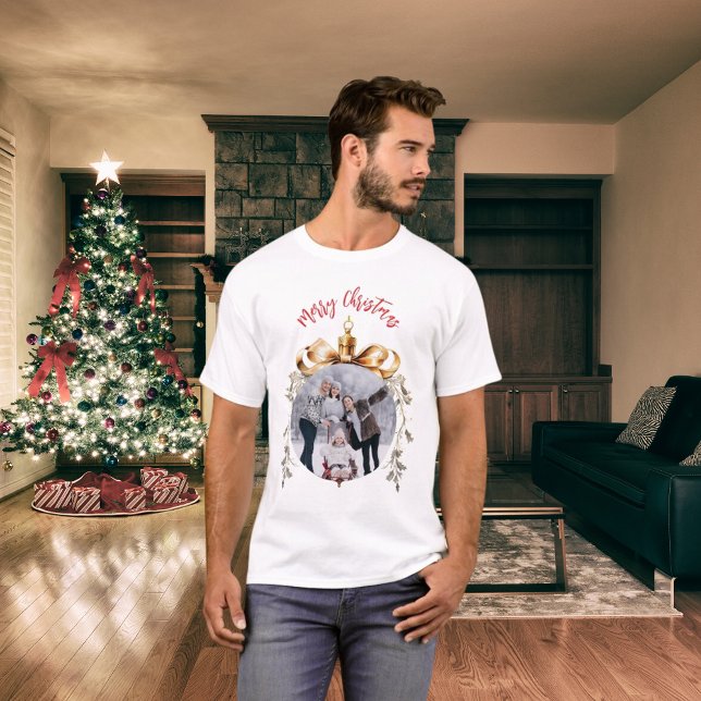 T-shirt Photo de famille de Noël blanc or rouge bauble (Créateur téléchargé)