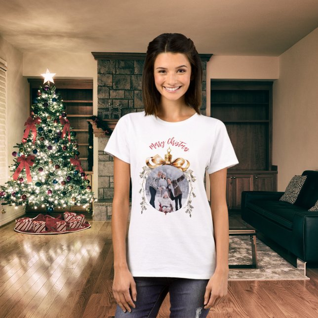 T-shirt Photo de famille de Noël blanc or rouge bauble (Créateur téléchargé)