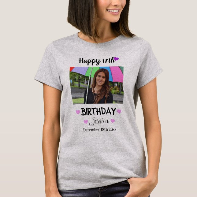 T-shirt Photo et nom personnalisés Joyeux 17e anniversaire (Devant)