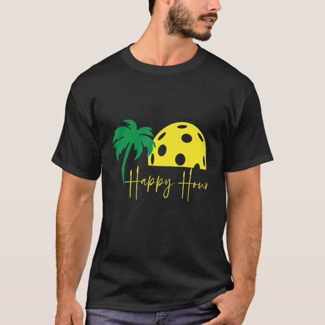 T-shirt Pickleball HAPPY HOUR Huge Sunset Palm Tree (Devant)