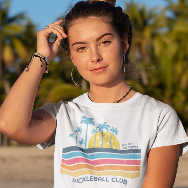 T-shirt Pickleball Sunset Cool Retro Stripes Texte personn (Customize with your club or team name)