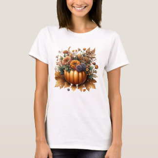 T-shirt Pièce Citrouille d'automne fleurie avec fleurs d'a