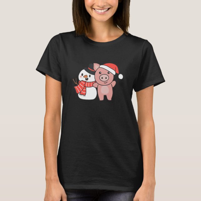 T-shirt Pig With Snowman In Winter For Christmas (Devant)