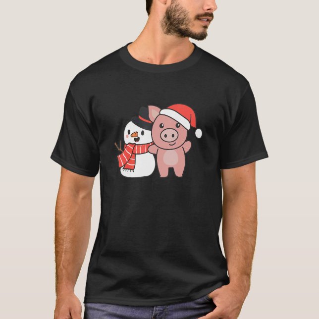 T-shirt Pig With Snowman In Winter For Christmas (Devant)