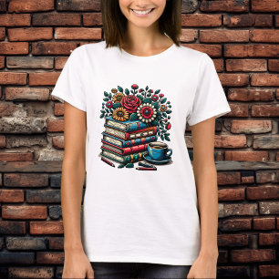 T-shirt Pile de livres anciens, café et fleurs