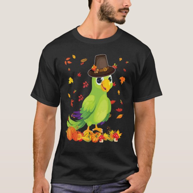 T-shirt Pilgrim Parrot Happy Thanksgiving Thankful Pumpkin (Devant)