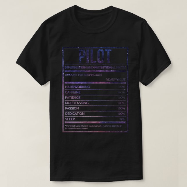 T-shirt Pilote amusant Pilote Étiquette de nutrition (Design devant)
