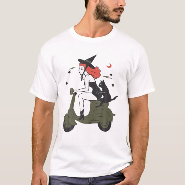 T-shirt Pin Up Sorcière Scooter Halloween Chat Noir Pi (Devant)