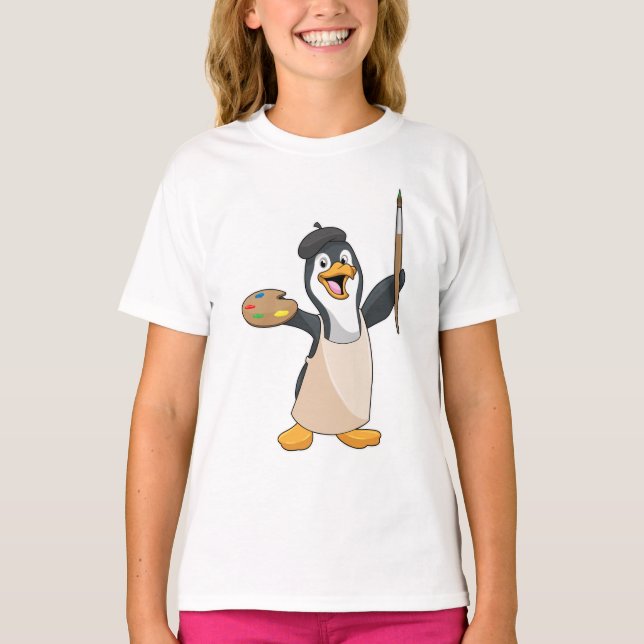 T-shirt Pingouin as Painter with Paint brush & Colour (Devant)