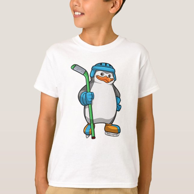 T-shirt Pingouin au hockey sur glace avec bâton de hockey  (Devant)