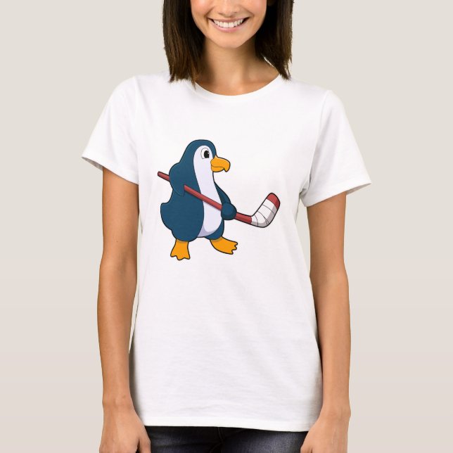 T-shirt Pingouin au hockey sur glace avec bâton de hockey  (Devant)
