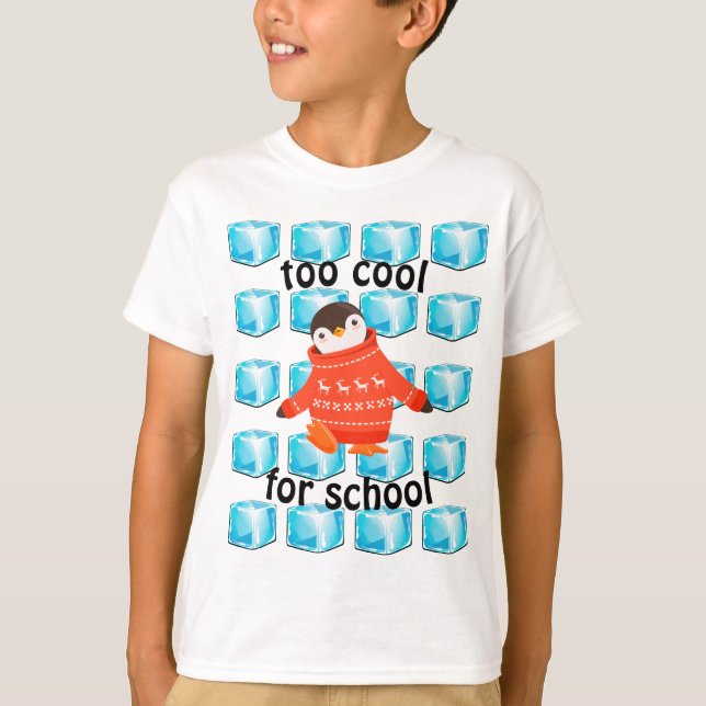 T-shirt Pingouin Caricature "Trop Cool Pour L'École" Enfan (Devant)