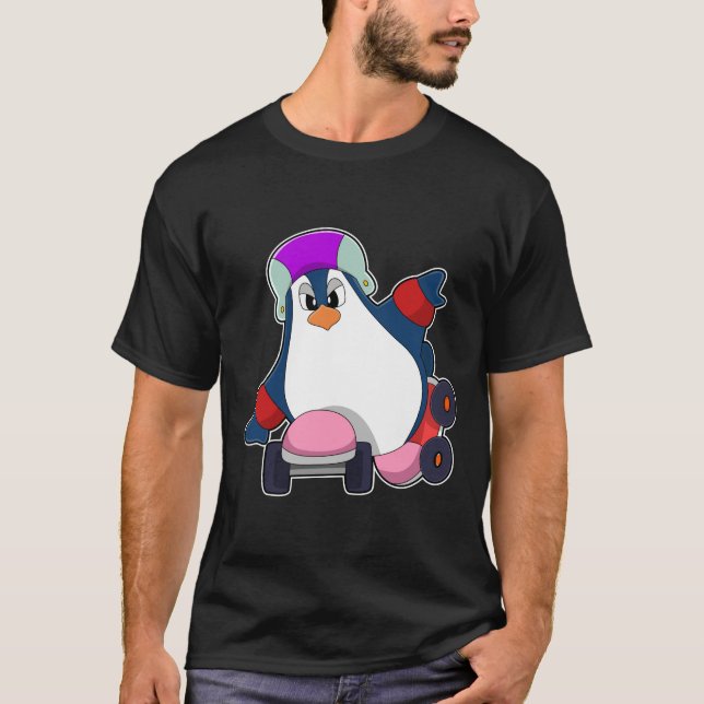 T-shirt Pingouin comme Patineur Inline avec Patins Inline (Devant)