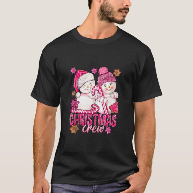 T-shirt Pink Christmas Crew Snowman Avec Sucre de canne Xm (Devant)