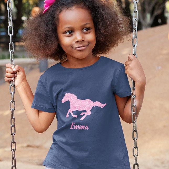 T-shirt Pink Glitter Horse Little Girl First Name Animal (Créateur téléchargé)
