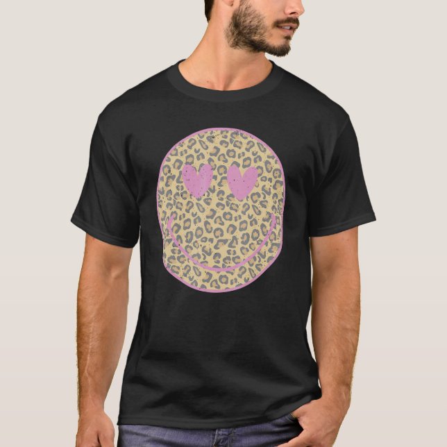 T-shirt Pink Leopard Smile Face  Heart Eyes Happy Face (Devant)