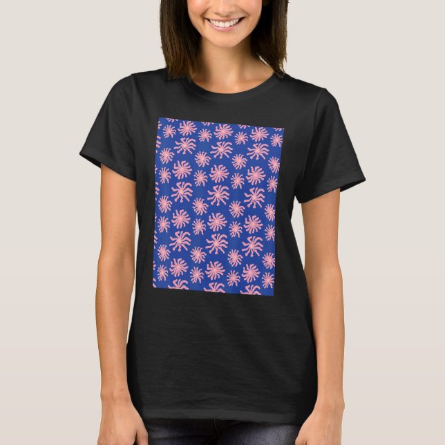 T-shirt Pink Warped Daisy Wavy Flower Pattern on Cobalt Bl (Devant)