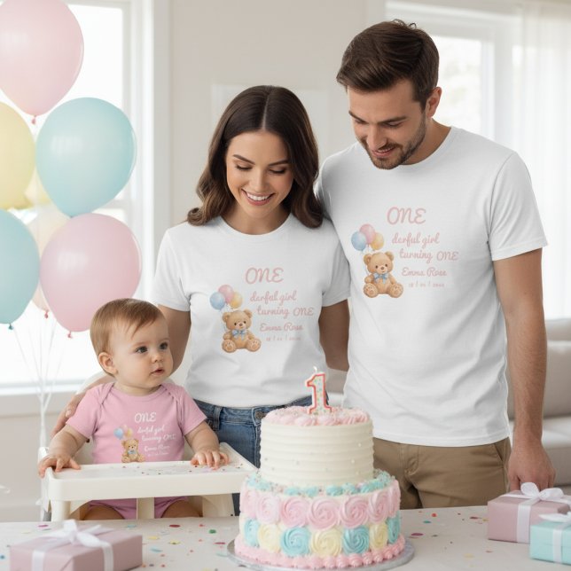 T-shirt Pink Watercolor Teddy Bear Girl's 1st Birthday (Créateur téléchargé)