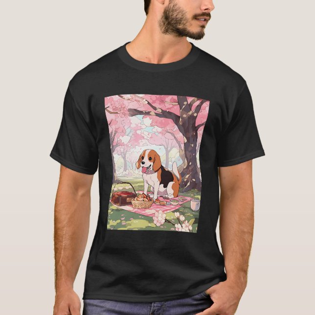 T-shirt Pique-nique de Chien Drôle Fleur de Cerisier beagl (Devant)