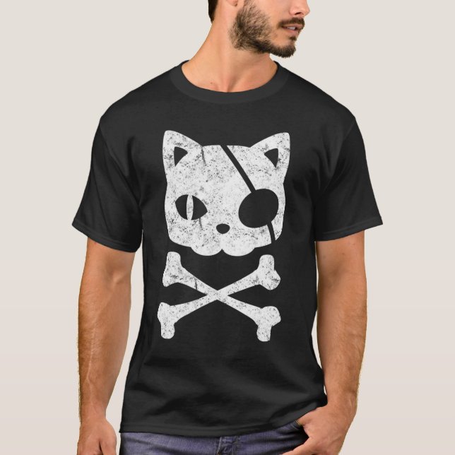 T-shirt Pirate Chat Kitten Halloween Skull Cross Bones (Devant)