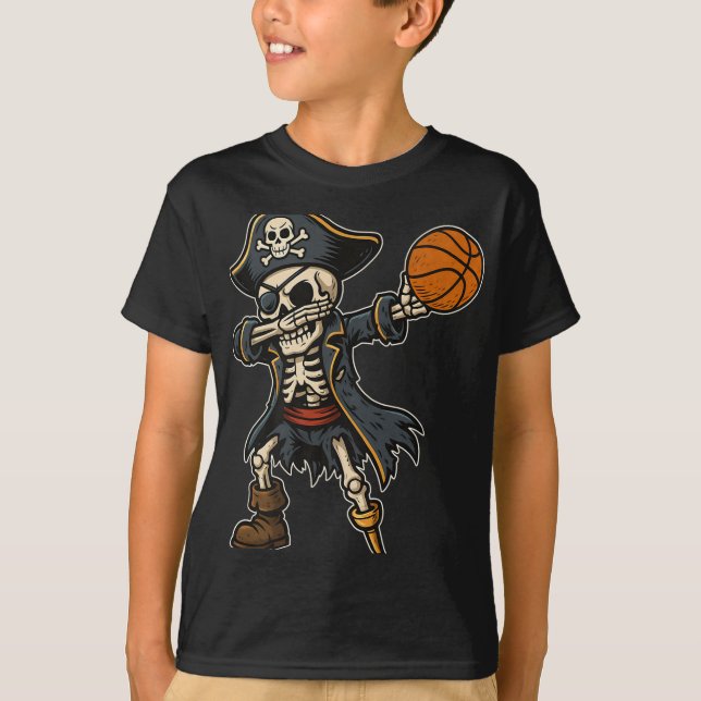 T-shirt Pirate de squelette Pirate de basketball Halloween (Devant)